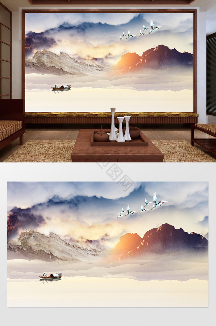 新中山水花鸟抽象日出背景墙图片