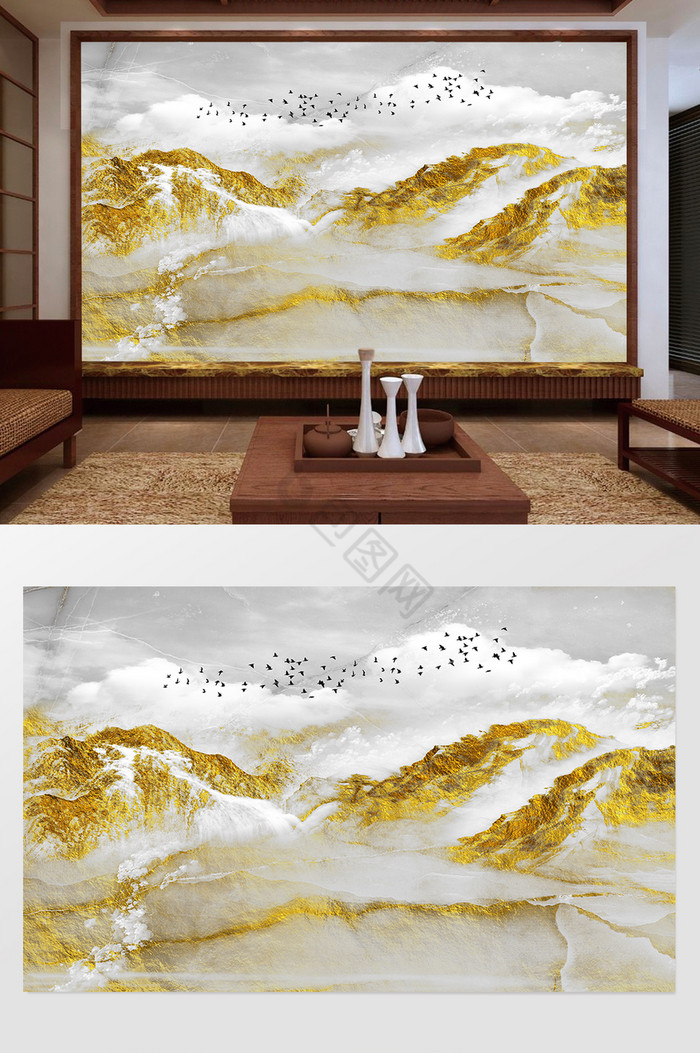 新中式金色抽象山水风景图片