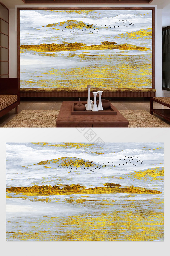 金色新中式抽象山水图片