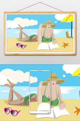 小暑海边休闲的女人插画图片