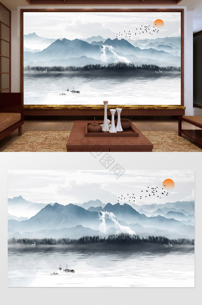中式山水丛林麋鹿飞鸟背景墙定制图片