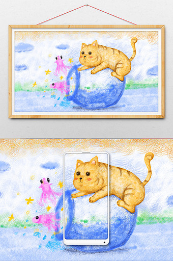 蓝色挂画线圈印象小猫吃鱼梦幻金鱼插画图片