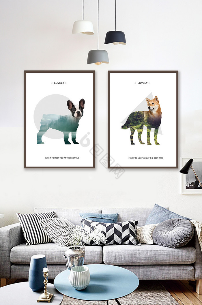 抽象剪影动物小狗客厅现代创意装饰画图片