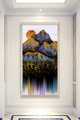 手绘抽象中国风山水风景玄关装饰画图片