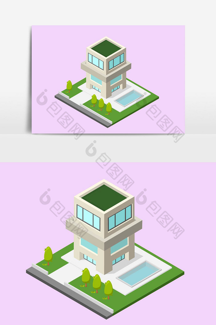 立体化绿色小房子建筑元素