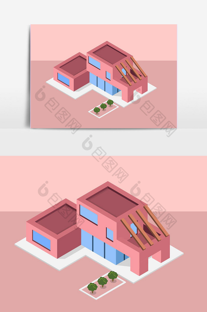 立体化粉红色小房子建筑元素