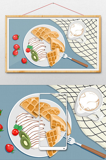 简约文艺清新西餐早餐水果牛奶美味食物插画图片