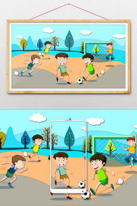 足球夏令营室外快乐比赛插画