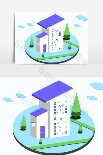 蓝绿色背景紫色小房屋建筑元素图片