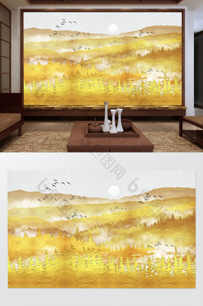 中式金色质感金箔山水意境电视背景墙