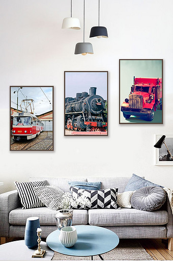 简约北欧风黑白红电车火车风景三联装饰画图片