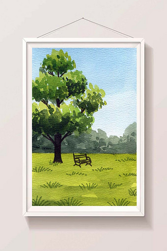 绿色夏日公园素材大树手绘背景风景清新水彩图片