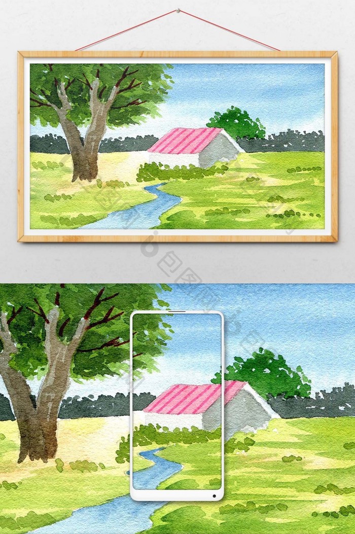 粉色小屋夏日素材手绘背景风景清新水彩