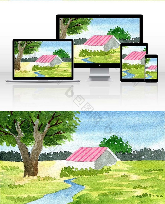 粉色小屋夏日素材手绘背景风景清新水彩