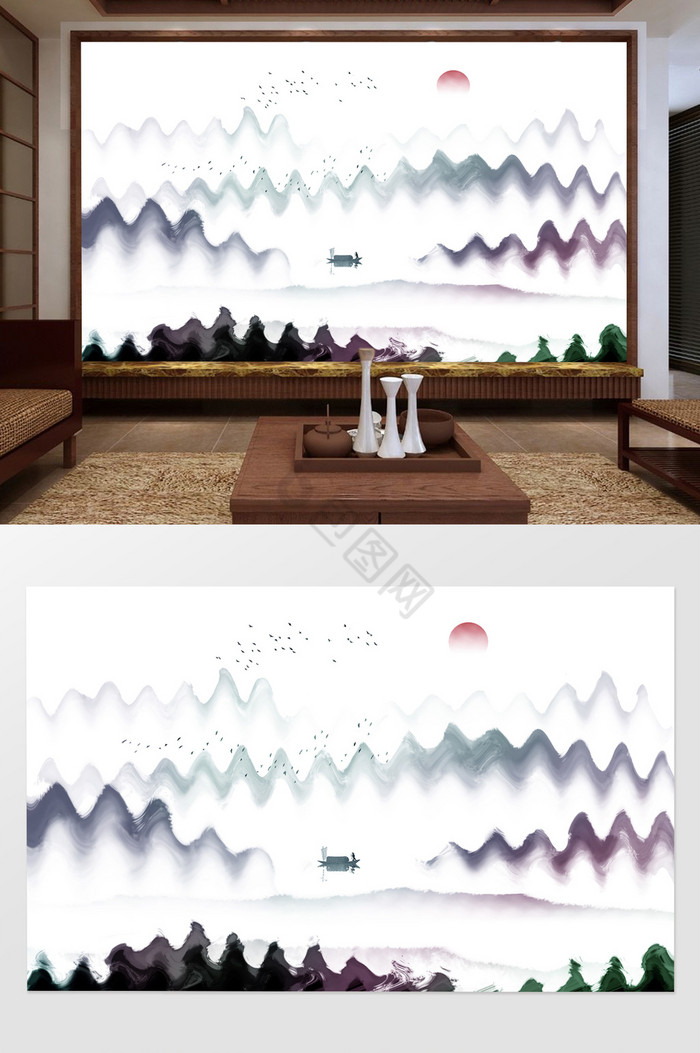 新中式五彩波纹山水客厅电视背景墙图片