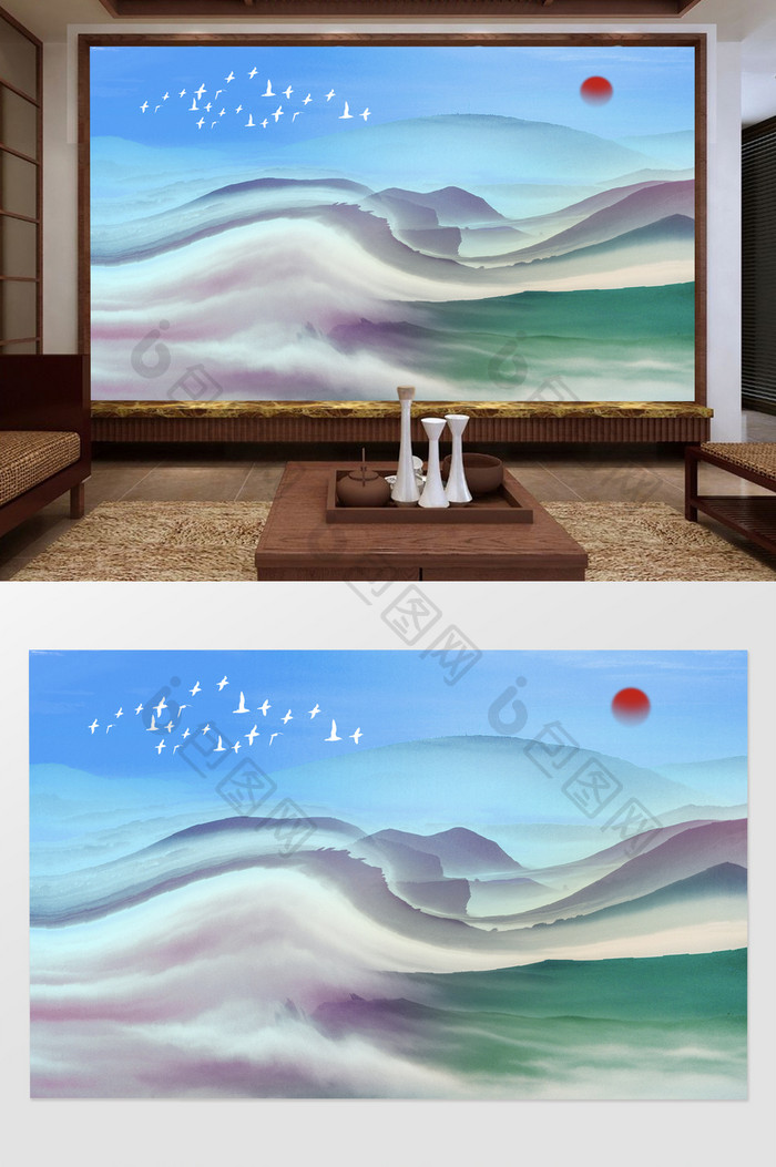 新中式彩色山峰客厅电视背景墙