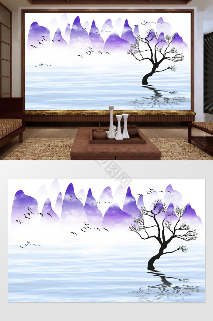 中式风新中式意境手绘山水电视背景墙图片