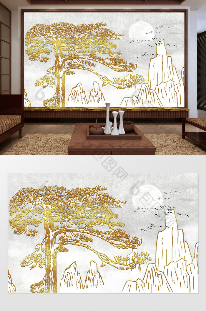 中国风中式金色质感金箔山水电视背景墙