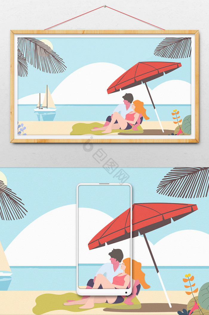 夏至男女情侣海边度假插画图片