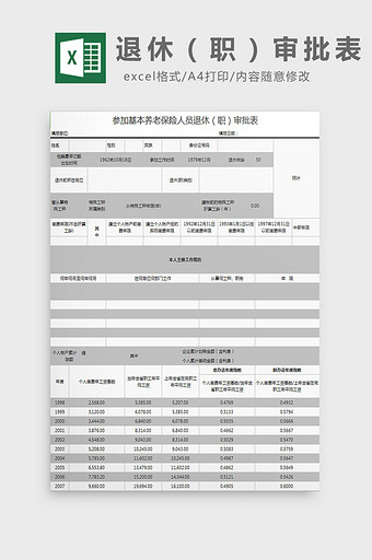 退休（职）审批表excel模板图片