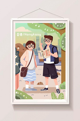 六月香港回归日处境旅行游玩唯美卡通插画图片