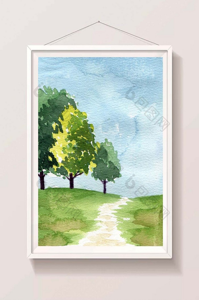 蓝色夏日树林素材手绘背景风景清新水彩