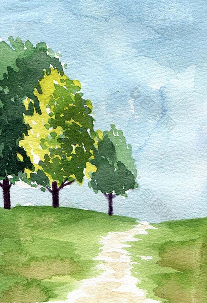 蓝色夏日树林素材手绘背景风景清新水彩