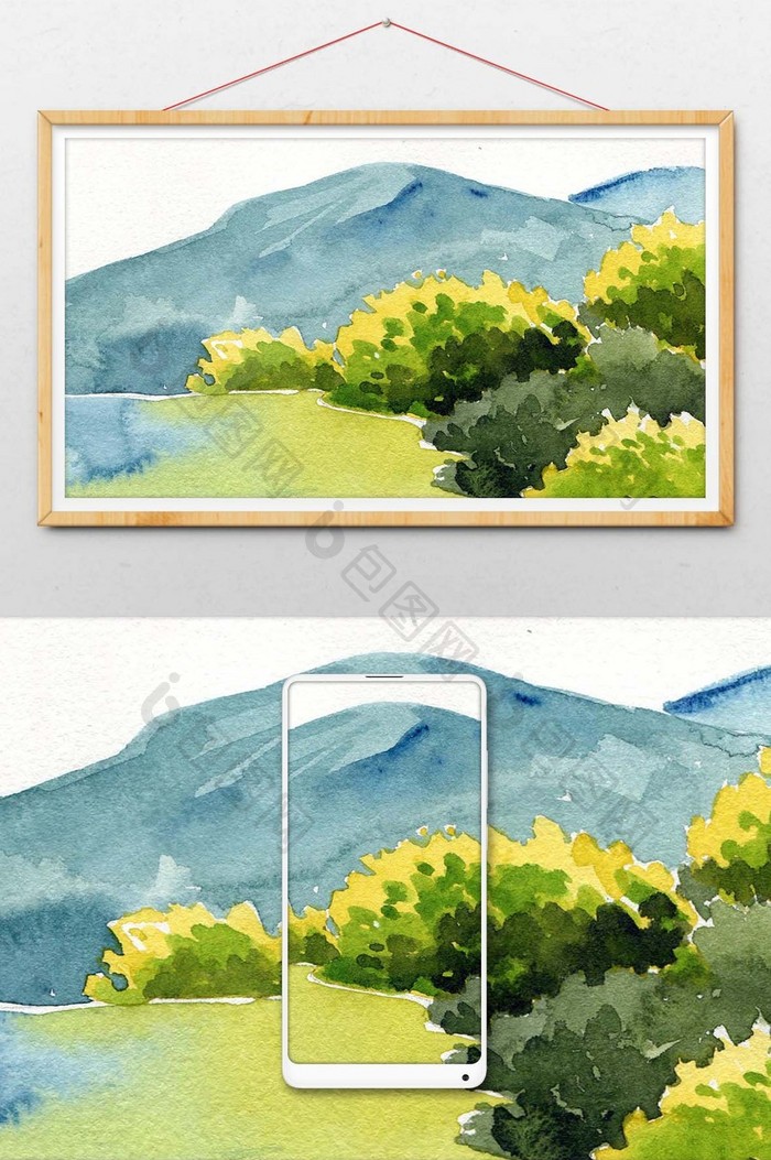 绿色蓝色夏日大山素材手绘背景风景清新水彩