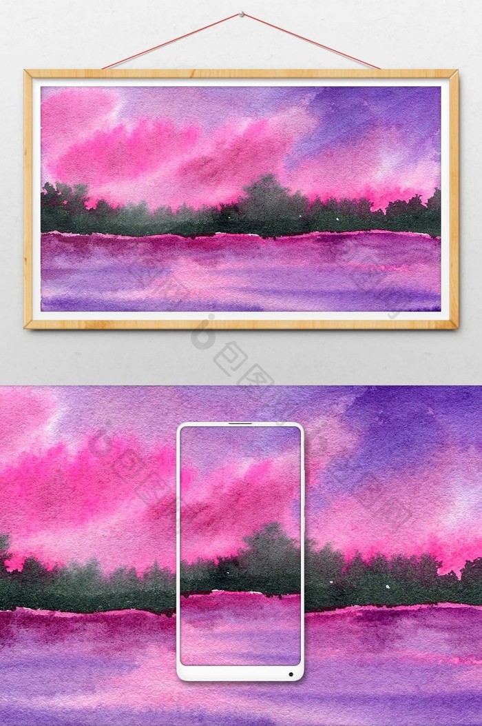 紫色火烧云夏日素材手绘背景风景清新水彩