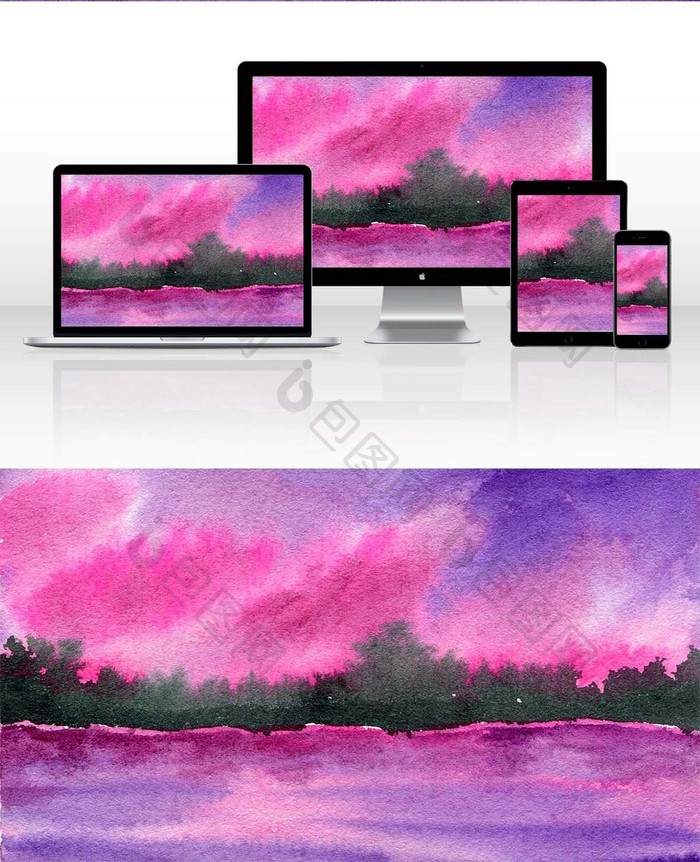 紫色火烧云夏日素材手绘背景风景清新水彩