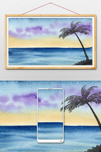 清新海边夏日背景椰子背景风景水彩手绘图片