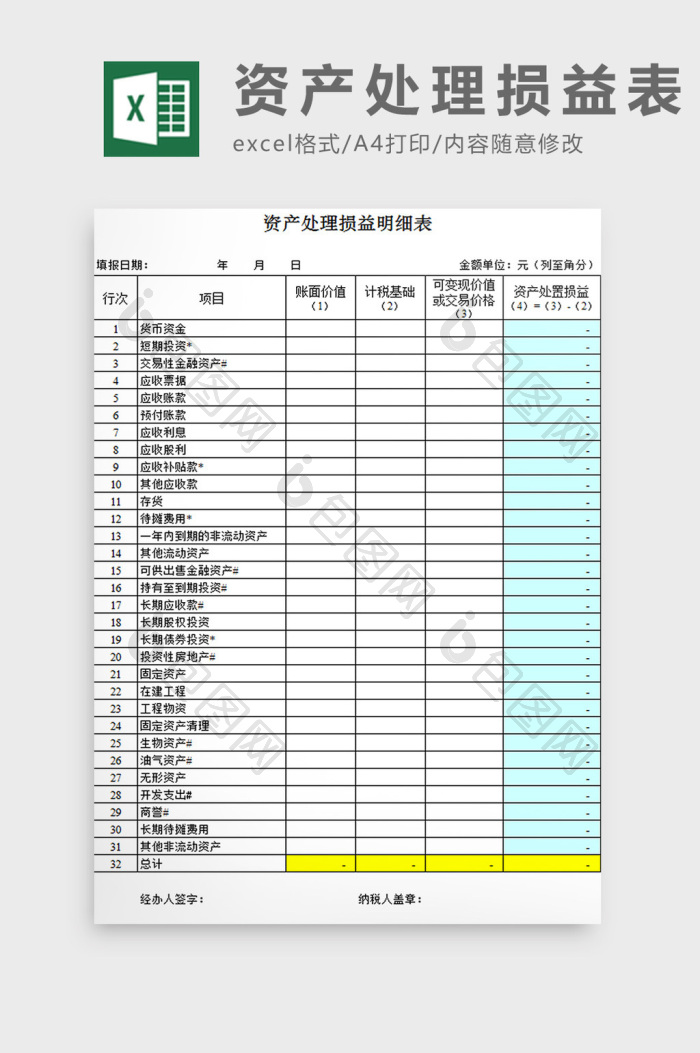 资产处理损益表excel模板下载-包图网
