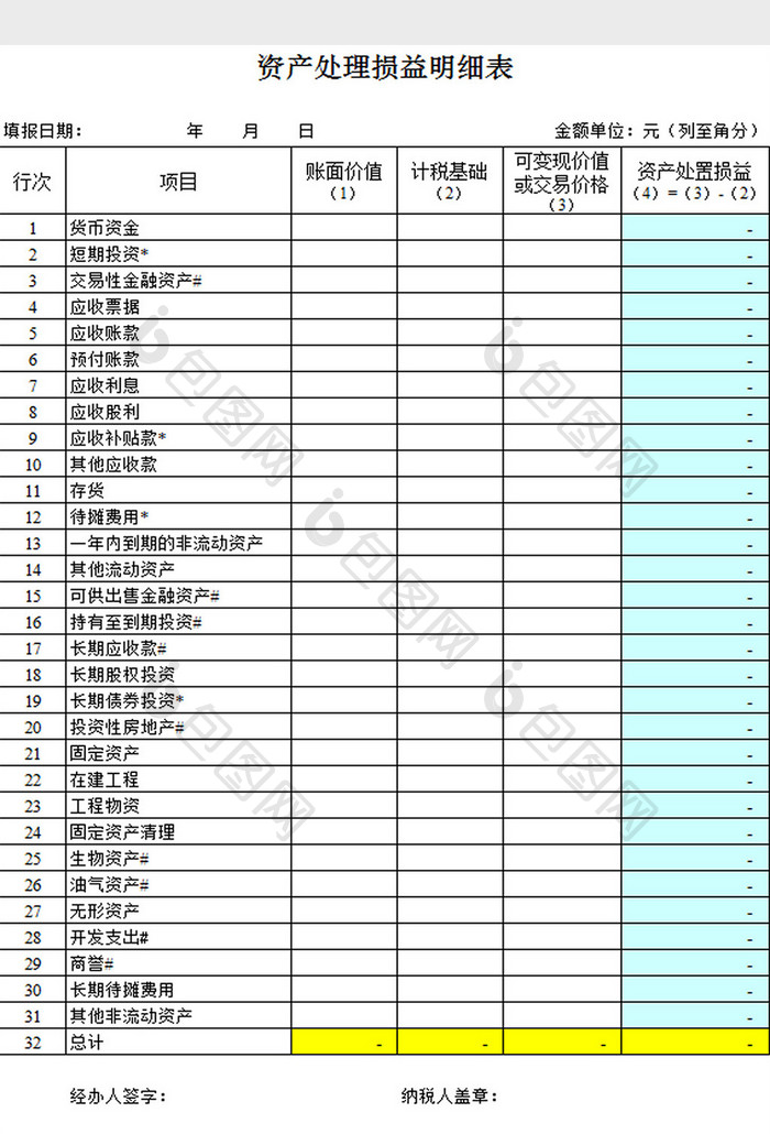 资产处理损益表excel模板