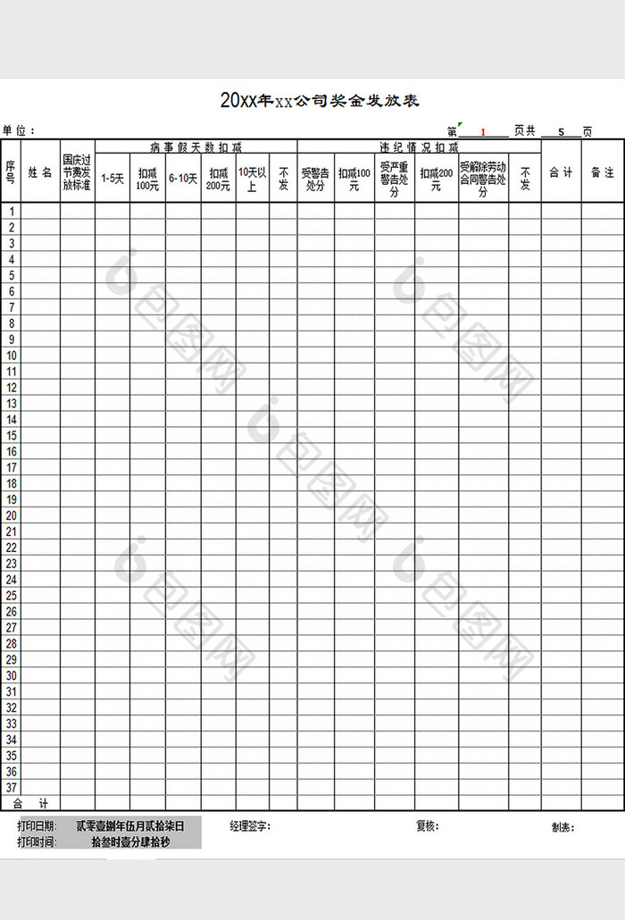 公司奖金发放表excel模板