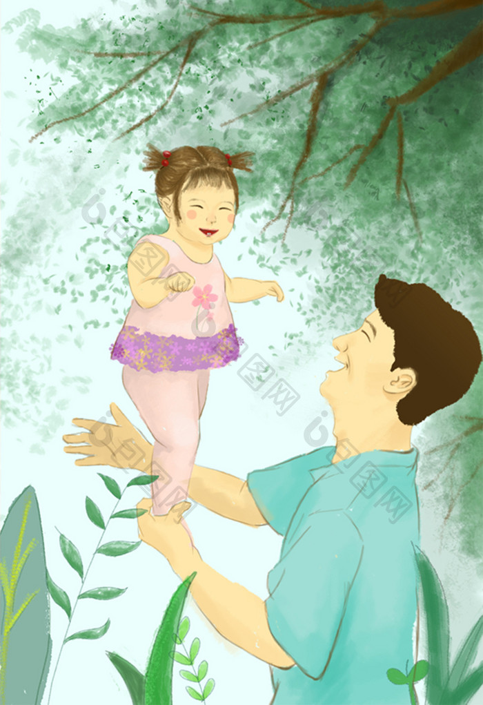 纯色清新温馨亲情父女插画
