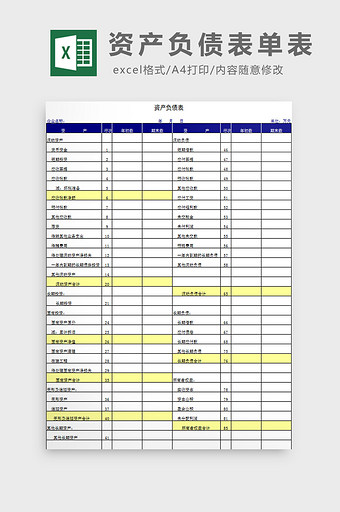 资产负债表单表excel模板图片