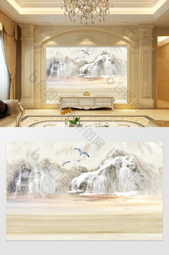 大理石纹山水花日出背景墙高山飞瀑效果图-【包图网】
