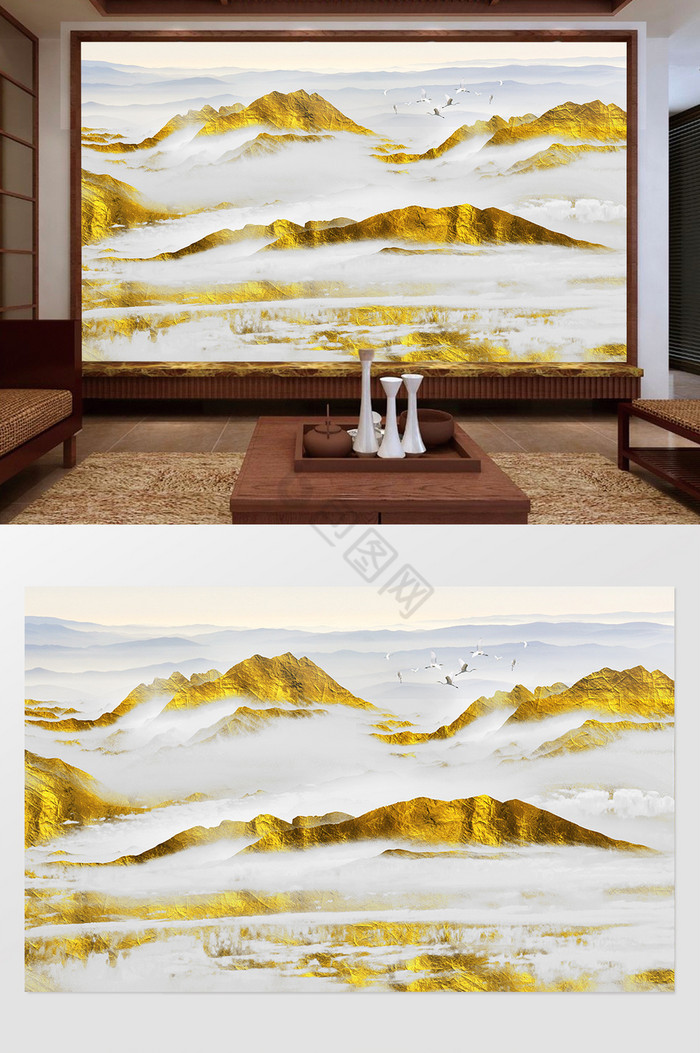 新中式金色意境山水背景墙风情图片