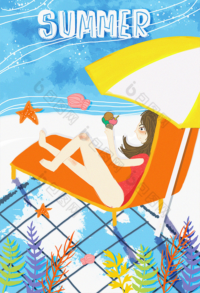 卡通夏天海边女孩旅游度假插画
