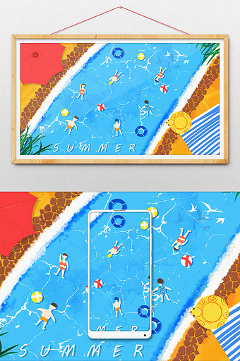 卡通清新夏季小暑海边沙滩游泳池插画图片
