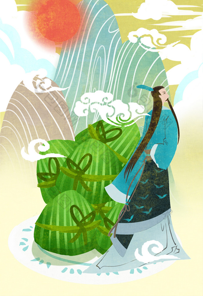 中国风端午节粽子祭屈原插画图片