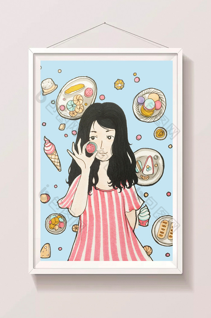 小清新蓝色背景手绘美食插画