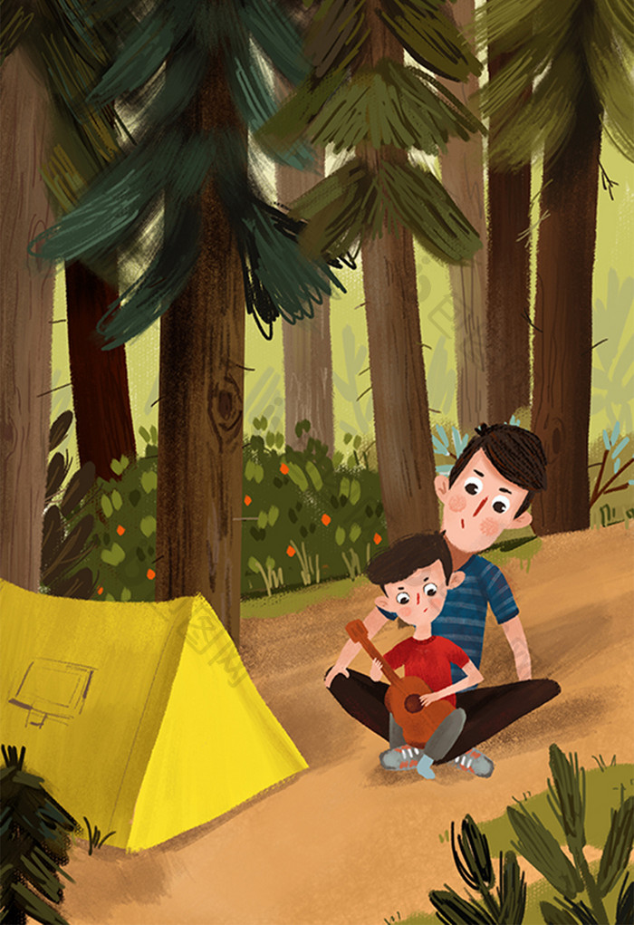 夏天郊外露营的父子俩手绘插画