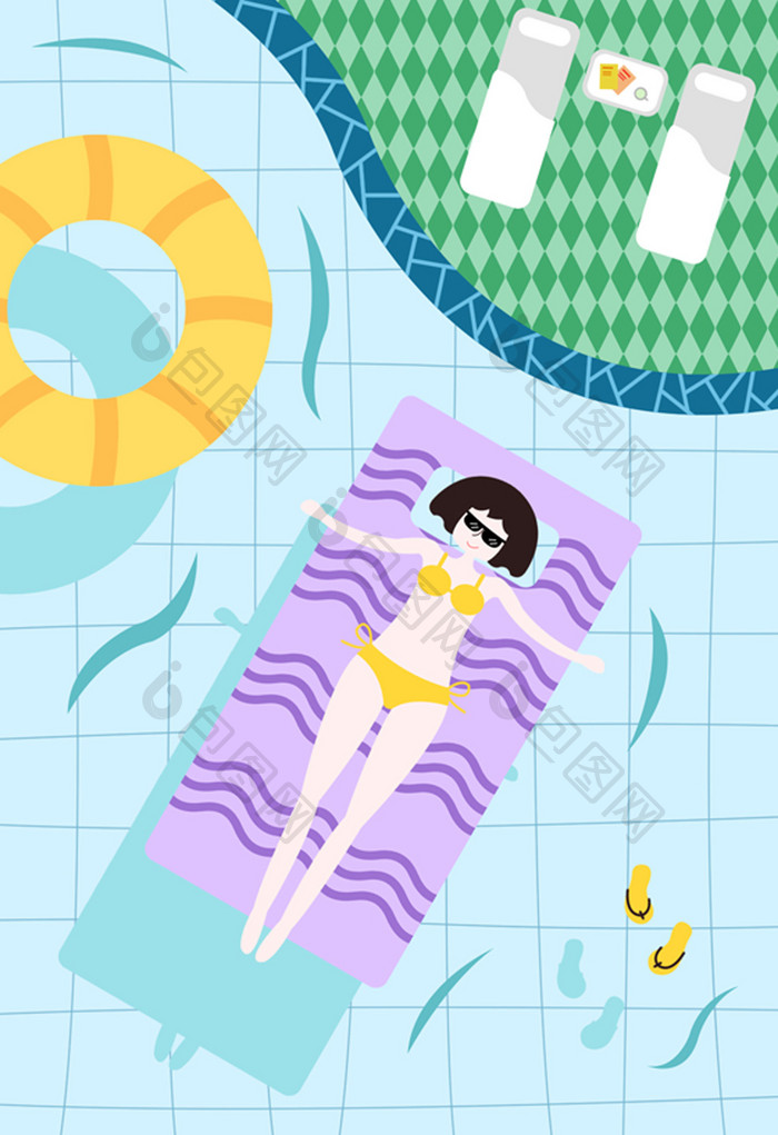 小清新可爱女孩暑假游泳插画