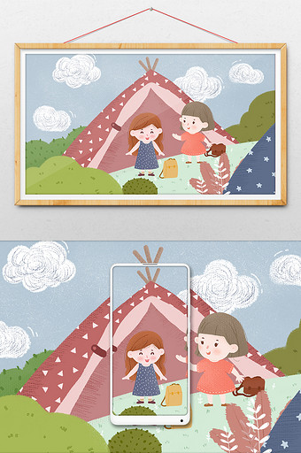 小清新暑假假日夏令营旅游旅行小孩植物插画图片