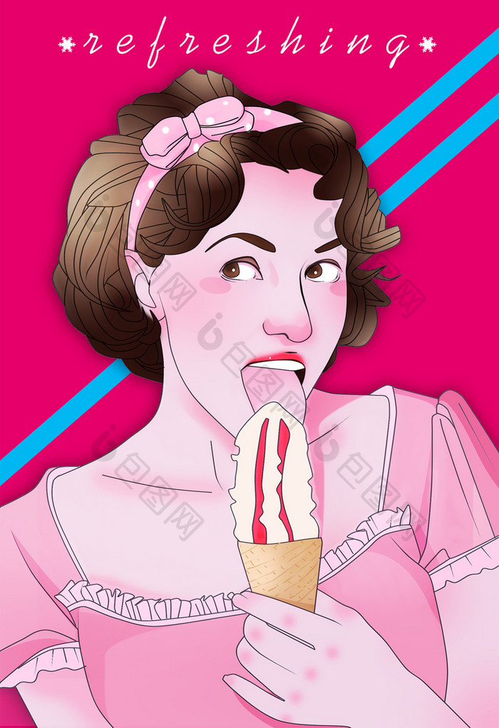 小暑吃冰淇淋的美女唯美清新插画
