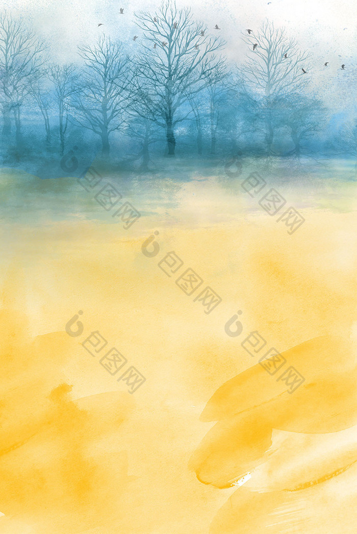 新中式黄色抽象色块水彩山水玄关装饰画