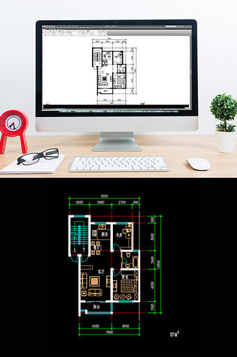 一室一厅建筑87米CAD户型图纸图片