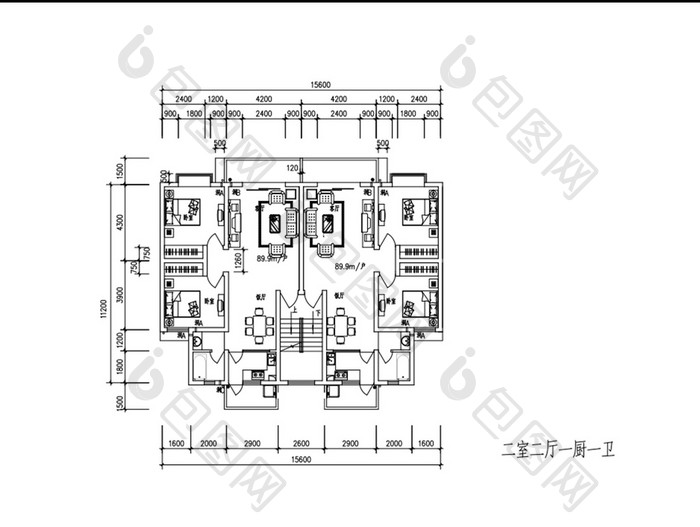 一梯两户两室两厅CAD户型图纸