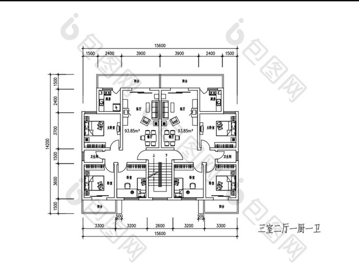 一梯两户三室两厅CAD户型图纸